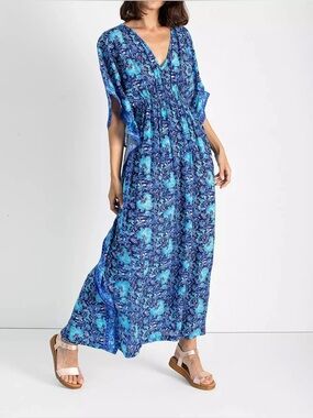 Anthropologie Rujuta Sheth Marie Cinch Kaftan blue floral dress M/L